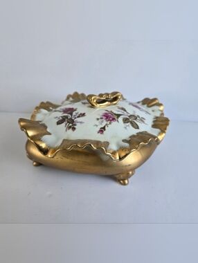 Footed Moss Rose Trinket Bowl w/Lid Japan Vtg